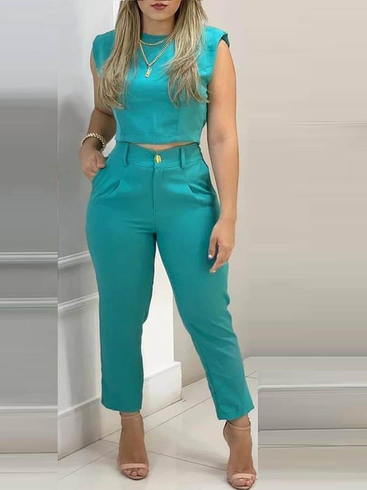 Plain Crop Top & Pocket Design Pants Set for Women