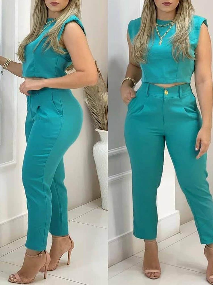 Plain Crop Top & Pocket Design Pants Set - LuckyFash™