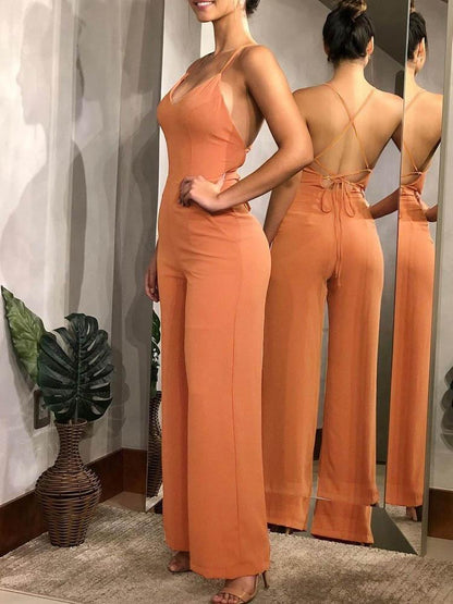 Plain Halter Backless Wide Leg Jumpsuit - LuckyFash™