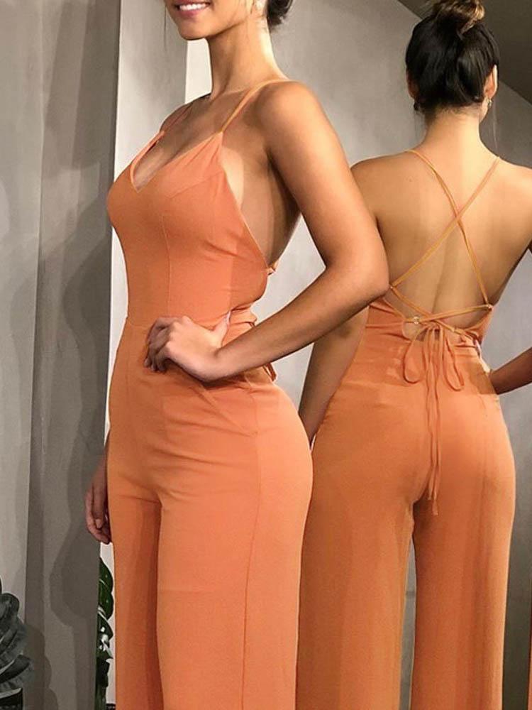 Plain Halter Backless Wide Leg Jumpsuit - LuckyFash™