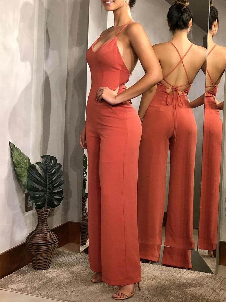 Plain Halter Backless Wide Leg Jumpsuit - LuckyFash™