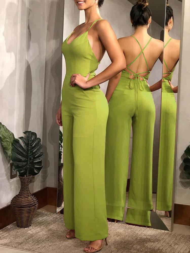 Plain Halter Backless Wide Leg Jumpsuit - LuckyFash™