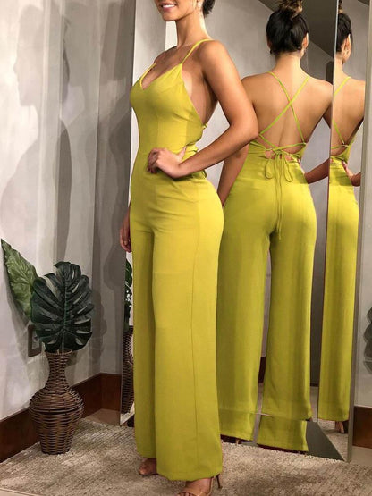 Plain Halter Backless Wide Leg Jumpsuit for Women