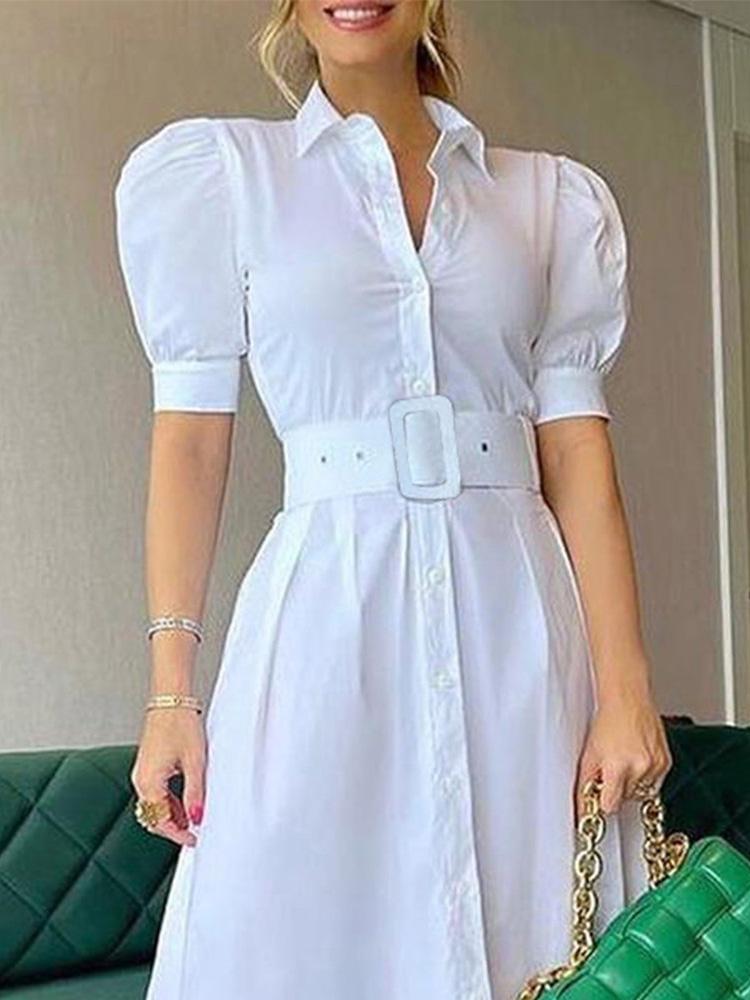 Plain Puff Sleeve Buttoned Shirt Dress - LuckyFash™