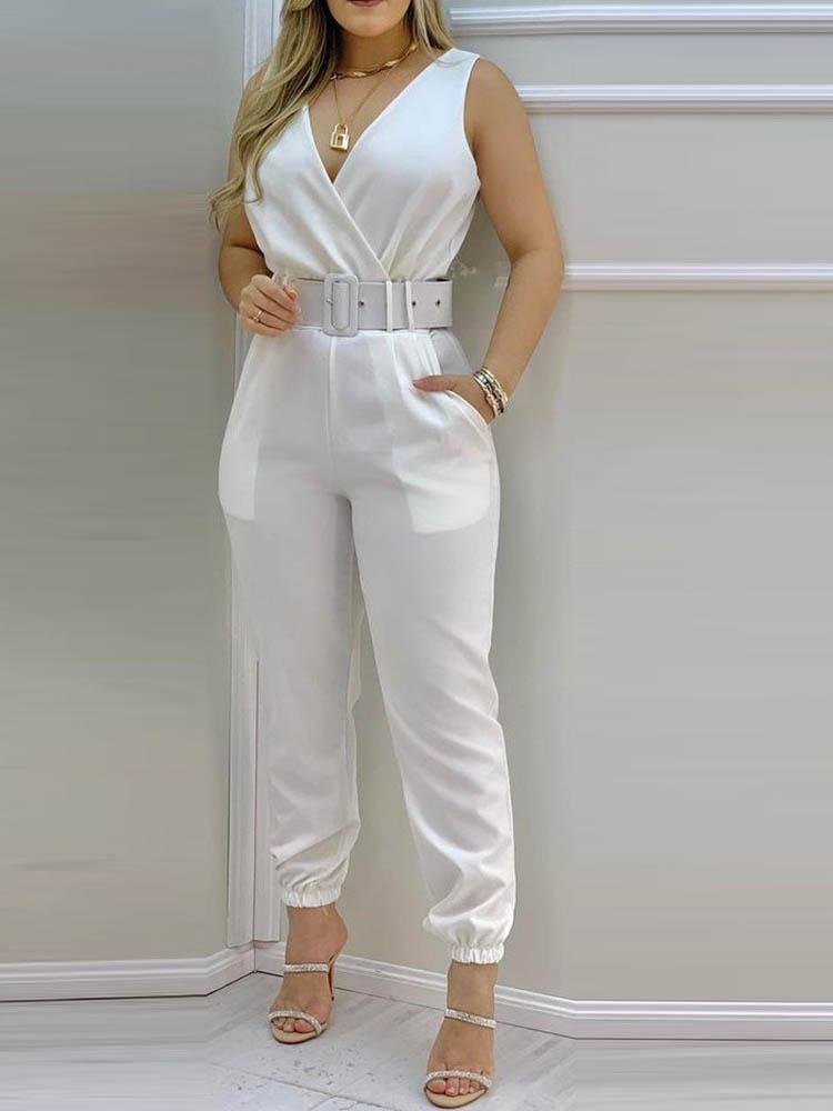 Plain Sleeveless Pocket Design Backless Jumpsuit for Women