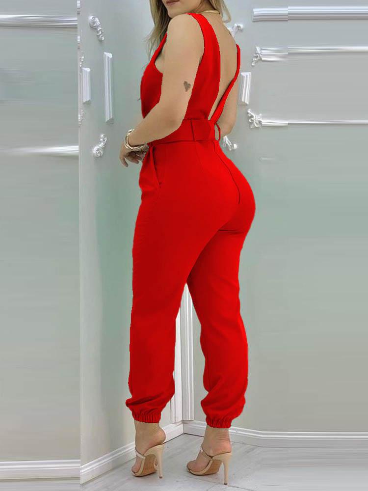 Plain Sleeveless Pocket Design Backless Jumpsuit - LuckyFash™