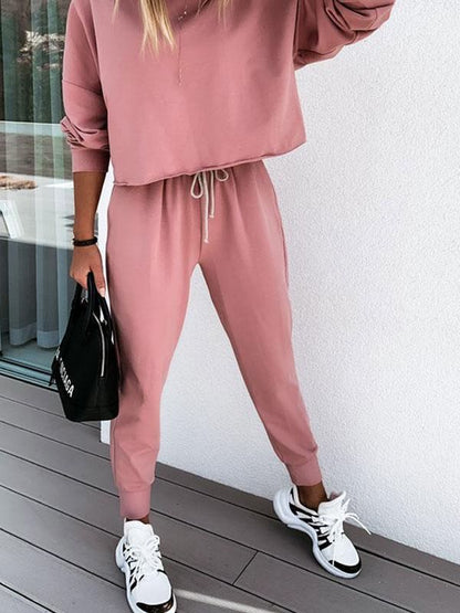 Plain Sporty Long Sleeve Pants Suit for Women