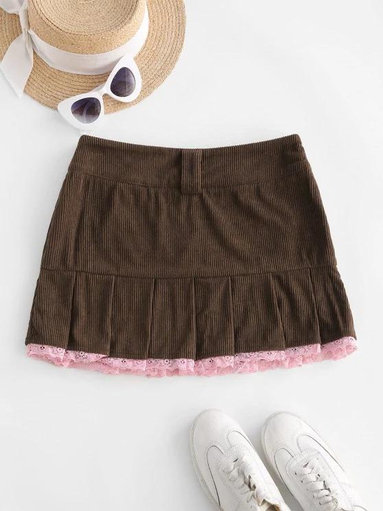 Pleated Hem Lace Trim Corduroy Mini Skirt for Women