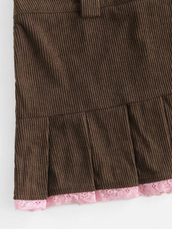 Pleated Hem Lace Trim Corduroy Mini Skirt - LuckyFash™