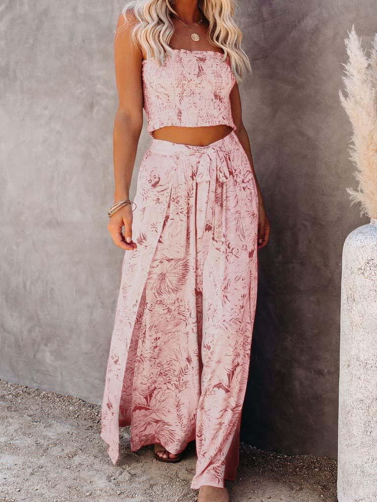 Pleated Printed Tube Top & Pants Skirt Two-piece Outfit for Women