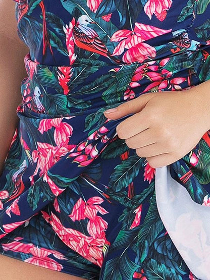 Plunging Collar Flower Print Ruffle Tankini Swimsuit Dress - LuckyFash™
