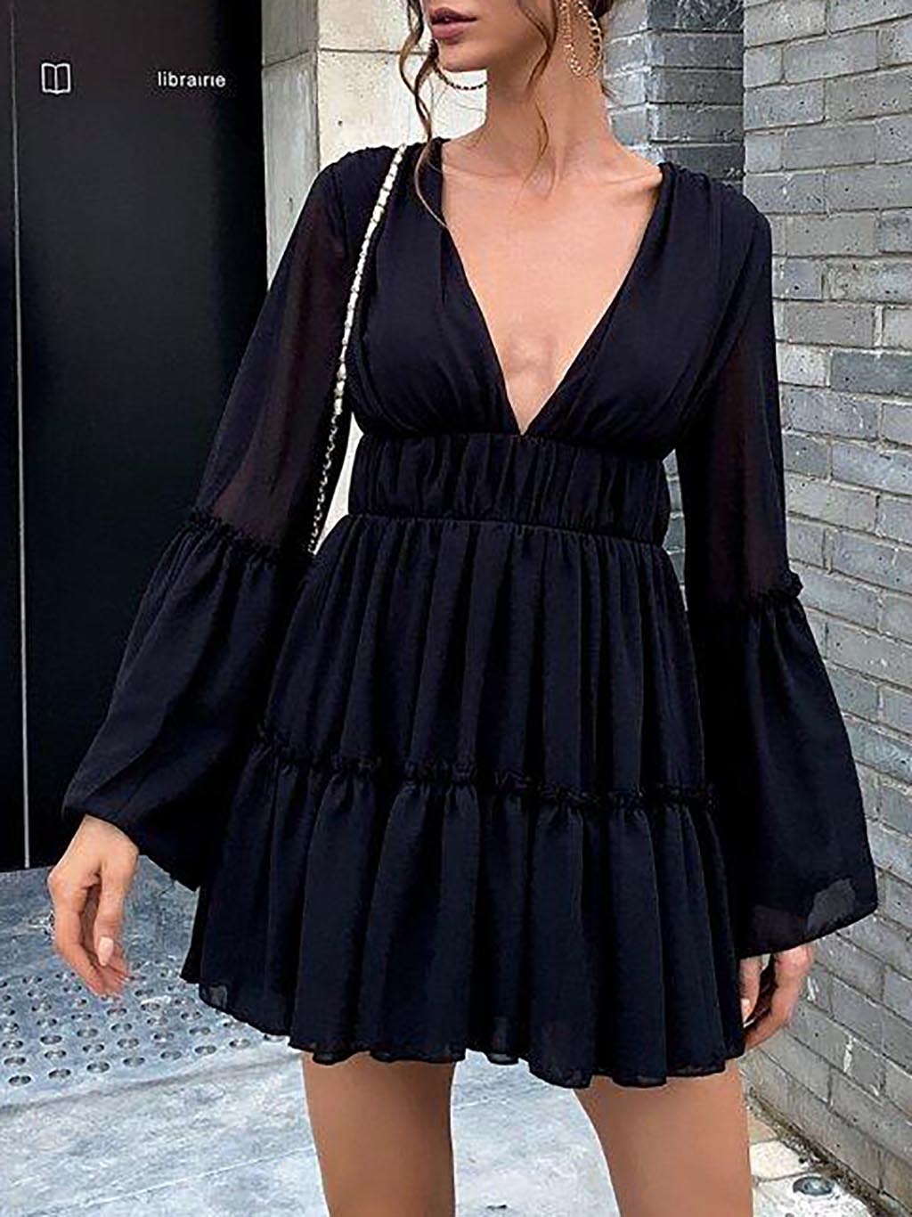 Plunging Neck Frill Ruffle Hem Chiffon Dress - LuckyFash™