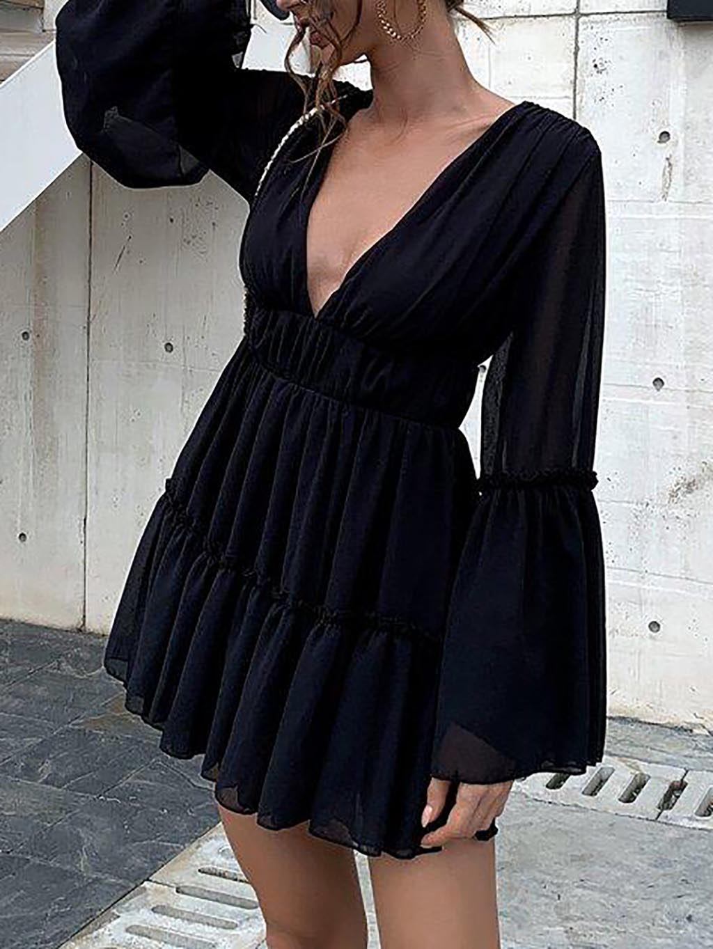 Plunging Neck Frill Ruffle Hem Chiffon Dress - LuckyFash™