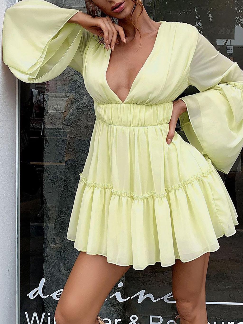 Plunging Neck Frill Ruffle Hem Chiffon Dress - LuckyFash™