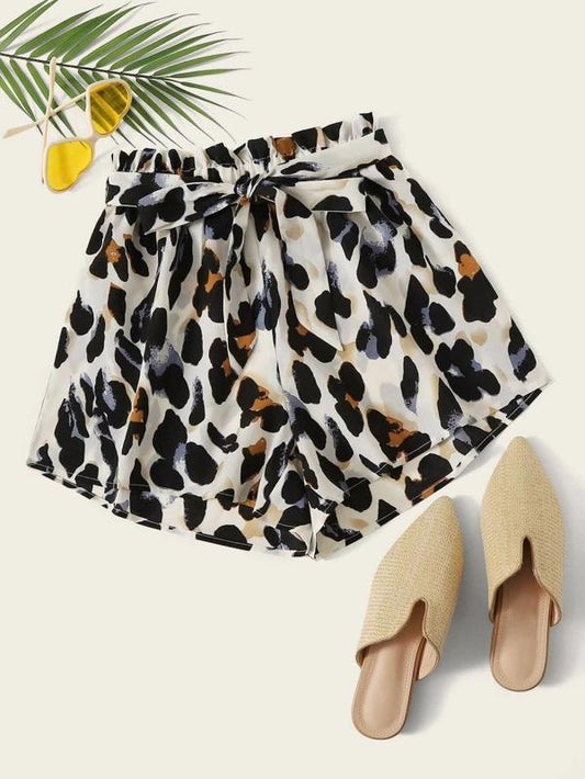 Plus Allover Print Paperbag Belted Shorts for Women