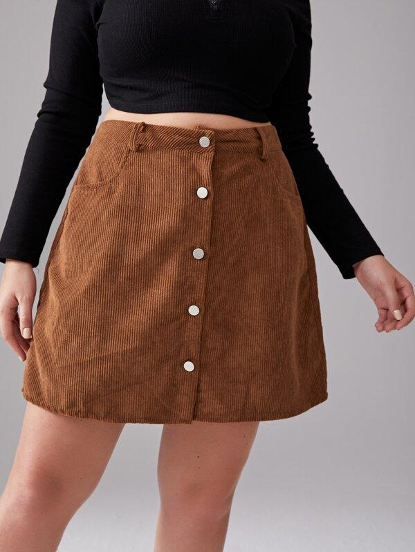 Plus Button Through Corduroy Skirt - LuckyFash™