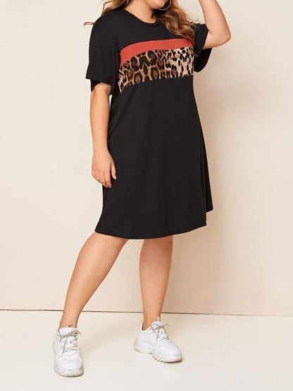 Plus Colorblock Leopard Panel Tee Dress - LuckyFash™