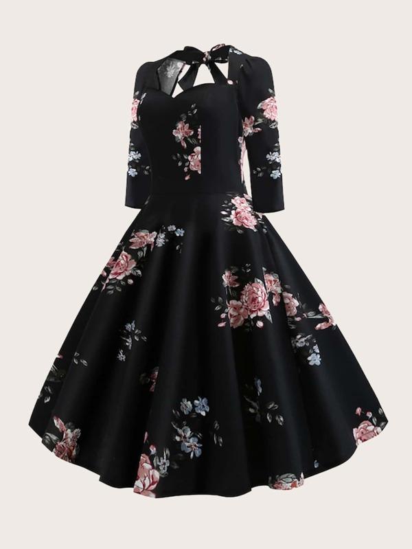 Plus Floral Print Bow Front Fit & Flare Dress - LuckyFash™