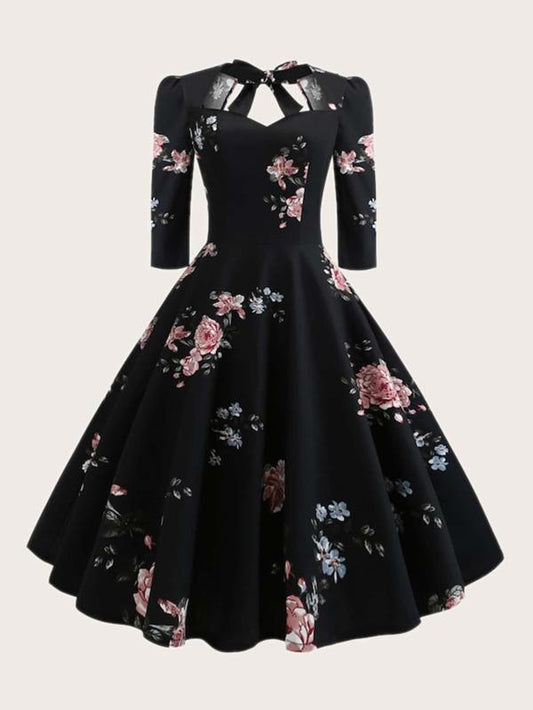 Plus Floral Print Bow Front Fit & Flare Dress for Women