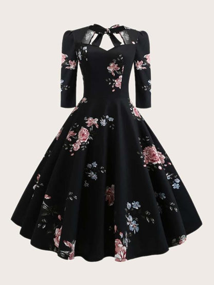 Plus Floral Print Bow Front Fit & Flare Dress - LuckyFash™