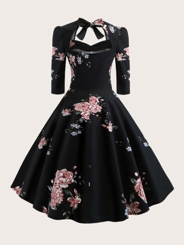 Plus Floral Print Bow Front Fit & Flare Dress - LuckyFash™