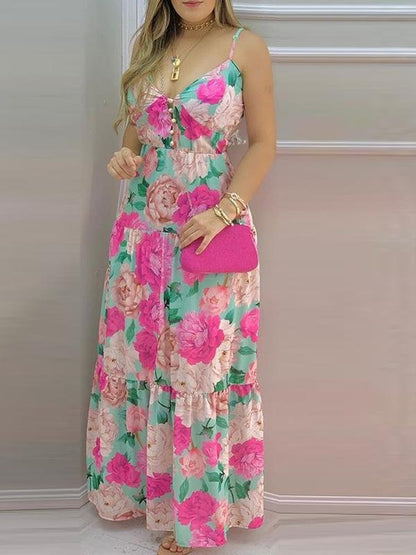 Plus Flower Print Deep V Neck Sling Maxi Dress - LuckyFash™