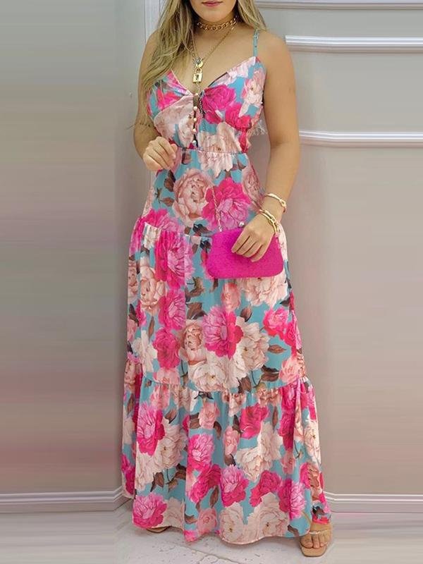 Plus Flower Print Deep V Neck Sling Maxi Dress - LuckyFash™