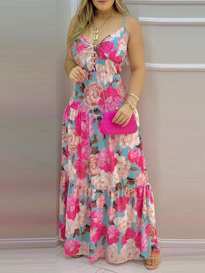 Plus Flower Print Deep V Neck Sling Maxi Dress - LuckyFash™