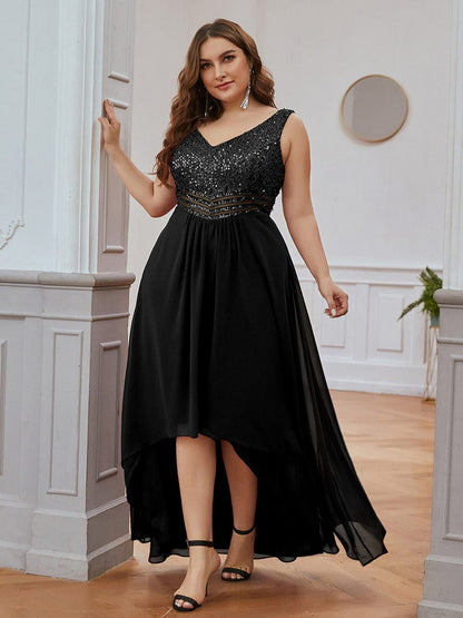MsDresslyEP Plus Formal Dress Elegant Paillette & Chiffon V-neck A-line Sleeveless Plus Size Evening Dresses DRE230973925BLK16