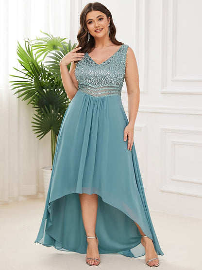 MsDresslyEP Plus Formal Dress Elegant Paillette & Chiffon V-neck A-line Sleeveless Plus Size Evening Dresses DRE230973937DBU16