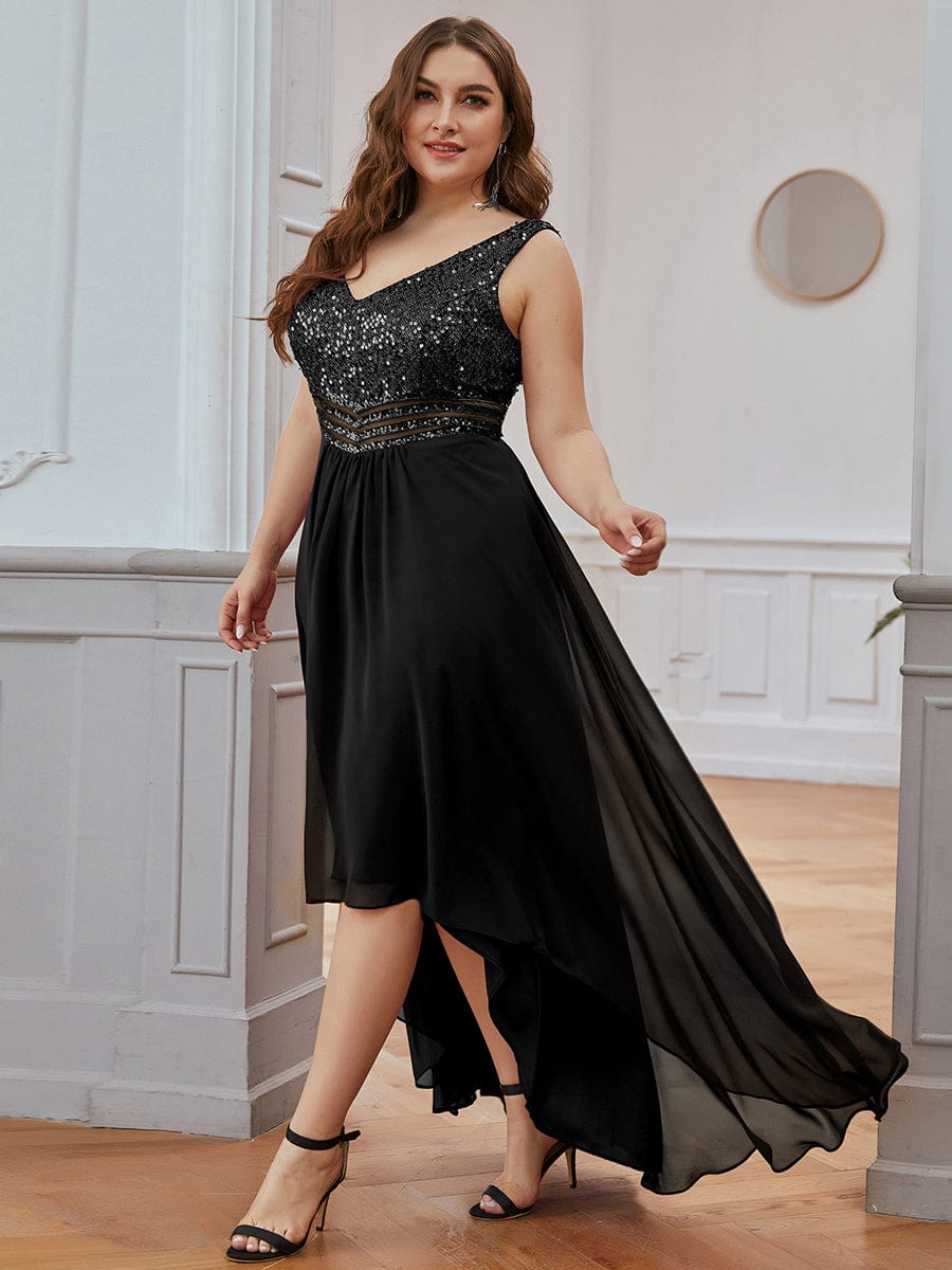 MsDresslyEP Plus Formal Dress Elegant Paillette & Chiffon V-neck A-line Sleeveless Plus Size Evening Dresses