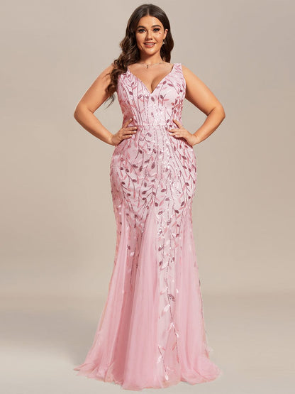 MsDresslyEP Plus Formal Dress Plus Size Double V-Neck Fishtail Sequin Formal Maxi Evening Dress DRE230976547PNK16