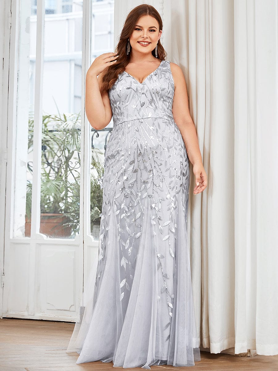 MsDresslyEP Plus Formal Dress Plus Size Double V-Neck Fishtail Sequin Formal Maxi Evening Dress