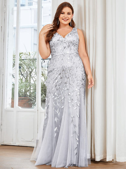 MsDresslyEP Plus Formal Dress Plus Size Double V-Neck Fishtail Sequin Formal Maxi Evening Dress