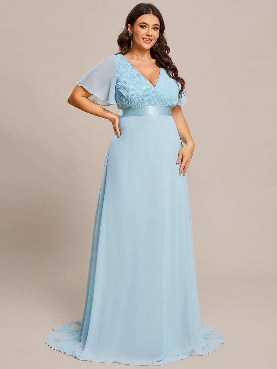 MsDresslyEP Plus Formal Dress Plus Size Empire Waist V Back Bridesmaid Dress with Short Sleeves DRE230977819SKY16