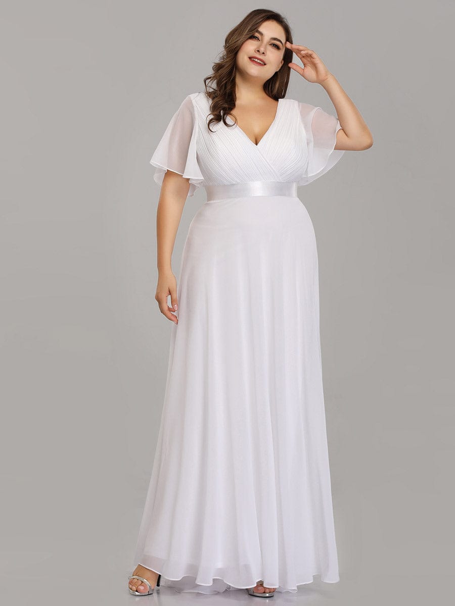 MsDresslyEP Plus Formal Dress Plus Size Empire Waist V Back Bridesmaid Dress with Short Sleeves