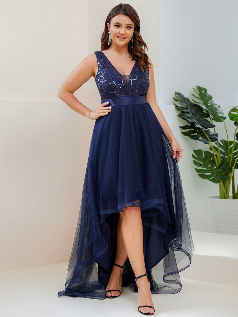 Plus Size Sequin High-Low Deep V Neck Tulle Evening Dresses DRE230974319NBY16 Navy / 16
