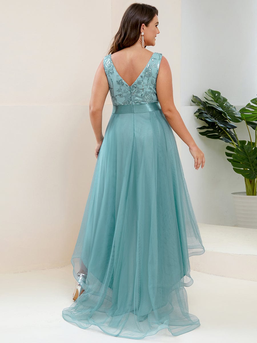 MsDresslyEP Plus Formal Dress Plus Size Sequin High-Low Deep V Neck Tulle Evening Dresses