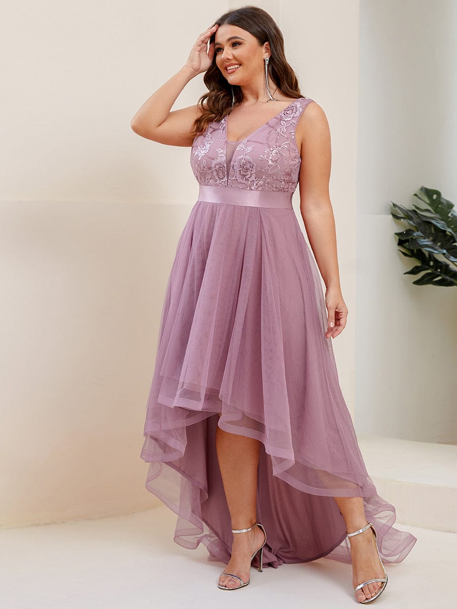 MsDresslyEP Plus Formal Dress Plus Size Sequin High-Low Deep V Neck Tulle Evening Dresses
