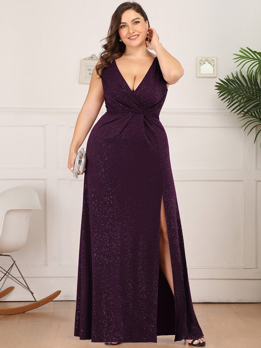 MsDresslyEP Plus Formal Dress Plus Size Shiny V Neck Side Slit Formal Evening Dress DRE230977507DPH16
