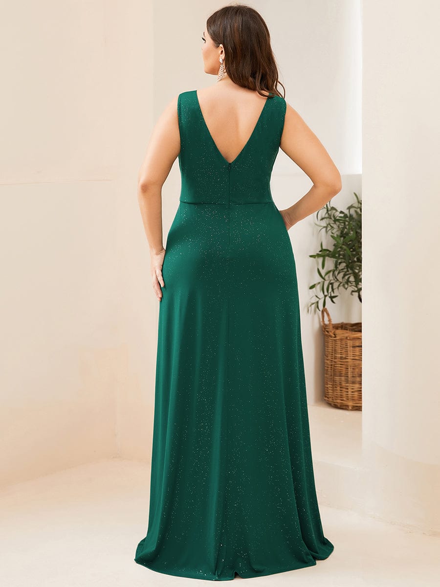 MsDresslyEP Plus Formal Dress Plus Size Shiny V Neck Side Slit Formal Evening Dress