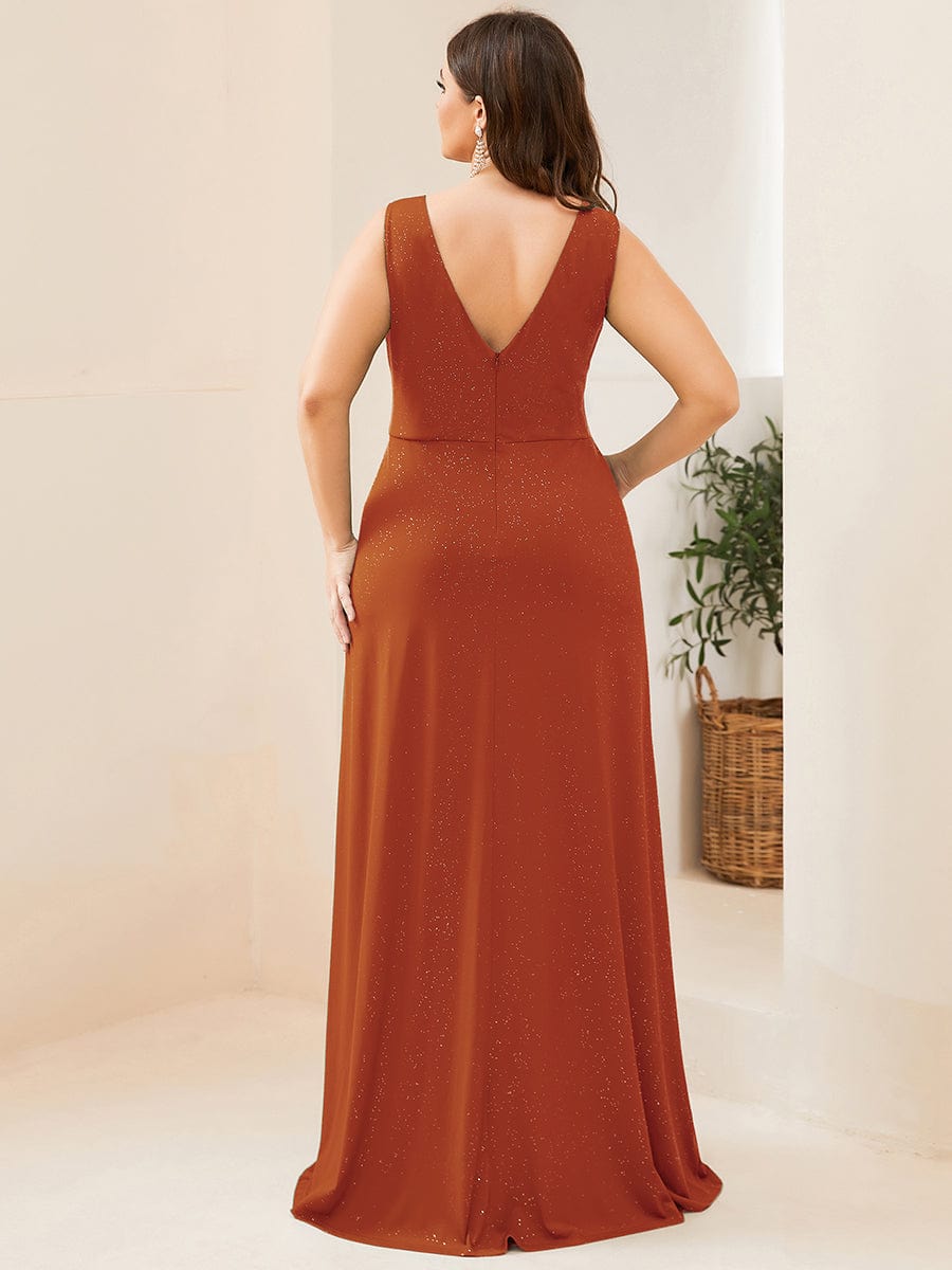 MsDresslyEP Plus Formal Dress Plus Size Shiny V Neck Side Slit Formal Evening Dress