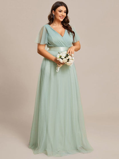 MsDresslyEP Plus Formal Dress Women's Floor-Length Plus Size Formal Bridesmaid Dress with Short Sleeve