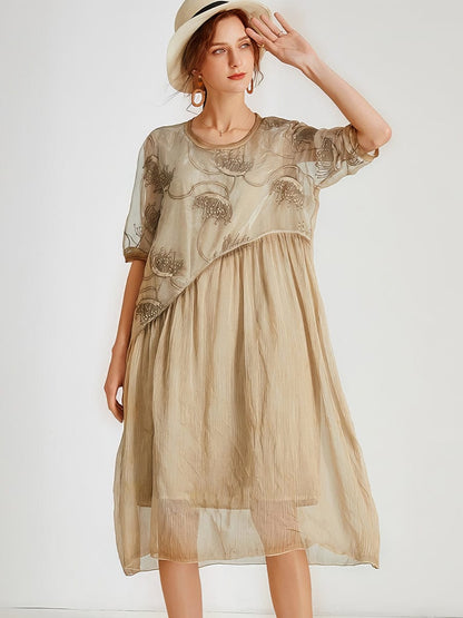 MsDressly Plus Midi Dresses Size Curve Dresses Fashion Slim Stitching Embroidery Midi Dress