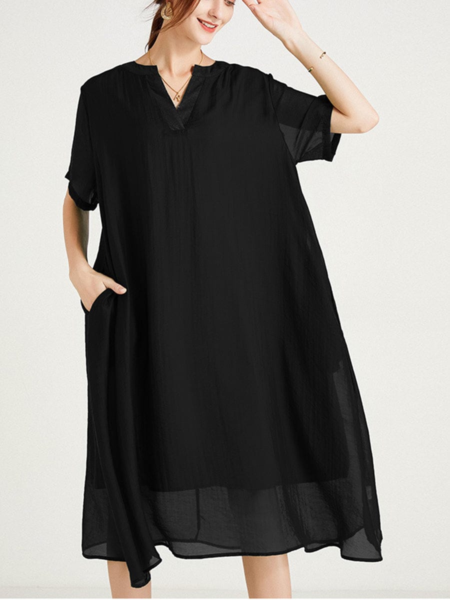 MsDressly Plus Midi Dresses Size Curve Dresses Large Size V-Neck Short Sleeve Silk Loose Midi Dress
