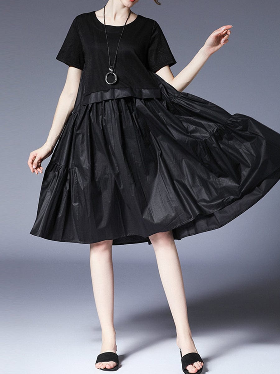 MsDressly Plus Midi Dresses Size Curve Dresses Loose Plus Size Round Neck Short Sleeve Stitching Midi Dress