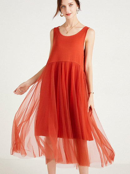 MsDressly Plus Midi Dresses Size Curve Dresses Plus Size Loose Solid Color Sleeveless Stitching Mesh Midi Dress