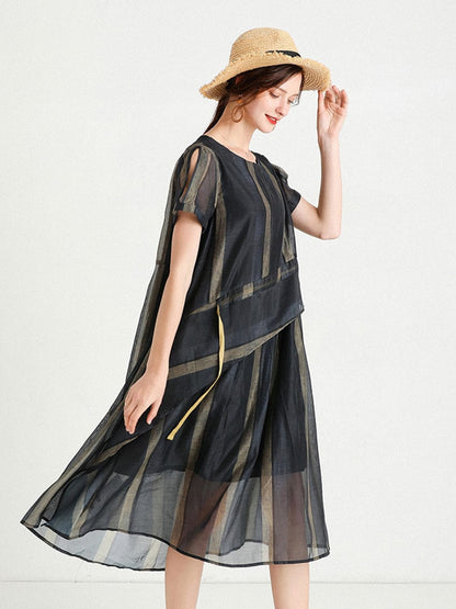 MsDressly Plus Midi Dresses Size Curve Dresses Slim Striped Irregular Midi Dress