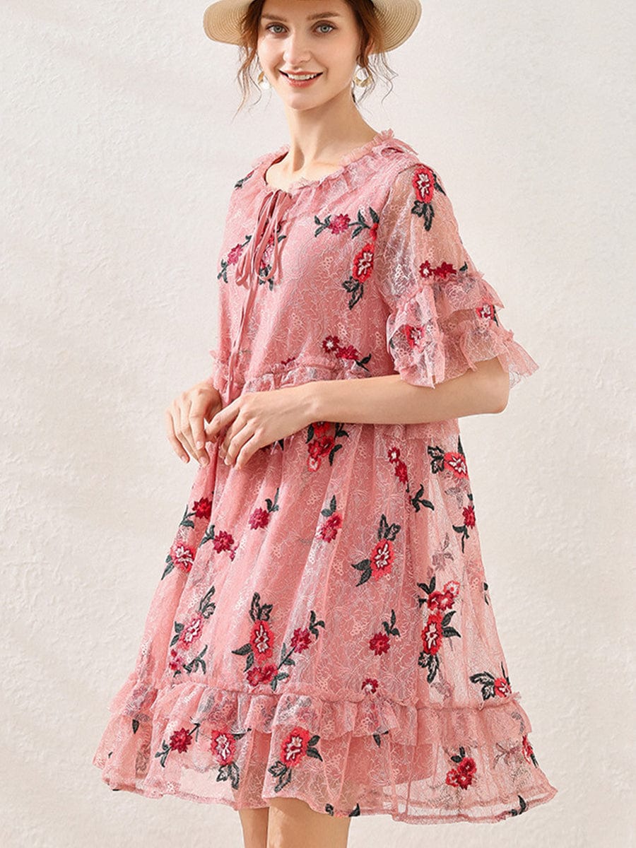 MsDressly Plus Mini Dresses Size Curve Dresses Lace Embroidery Slimming Mini Dress