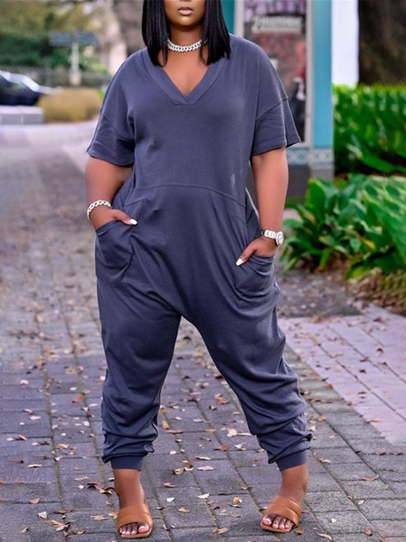 Plus Size Drop Shoulder Pocket V-neck Casual Jumpsuit - LuckyFash™